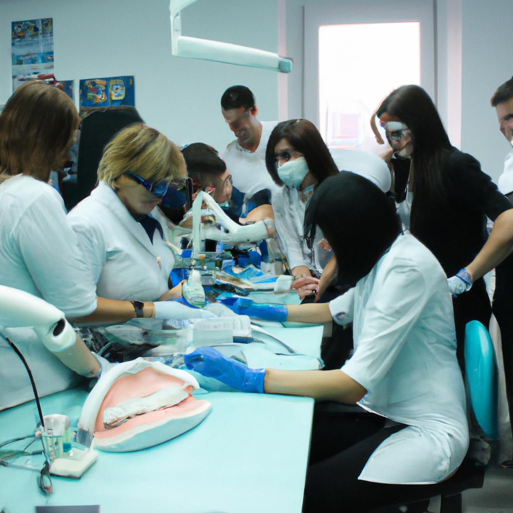 Dentist teaching dental students